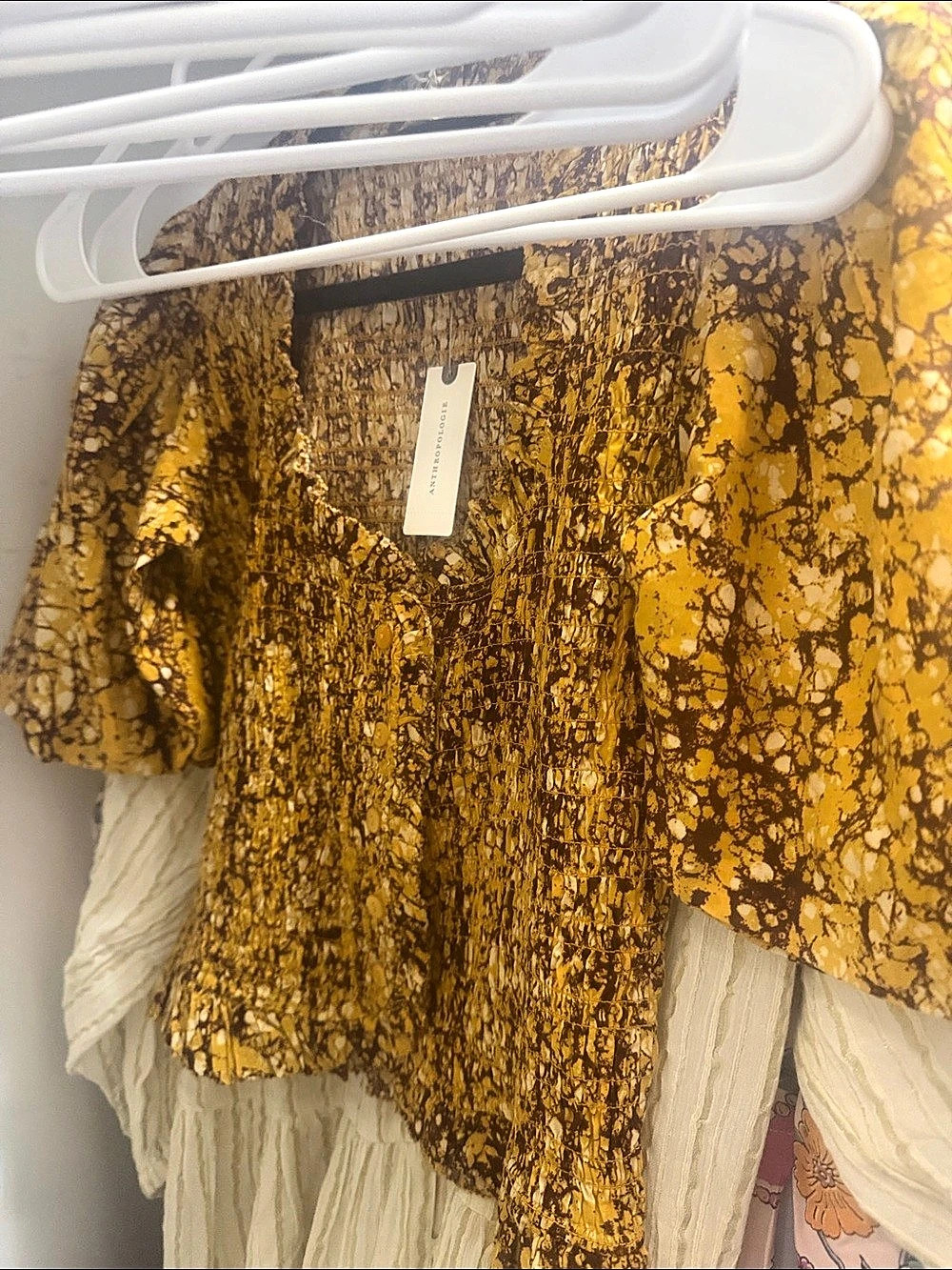 Love Shack Fancy Delphine Top Abstract Puff Sleeve Blouse in Yellow & Brown Size
